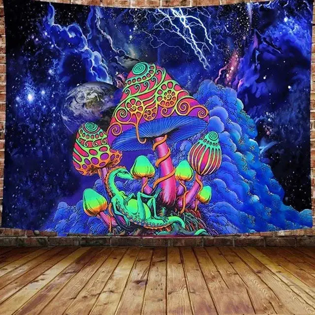 Vibrant psychedelic neon illusory mushroom art tapestry with intricate cosmic patterns for bedroom wall decorbites decor