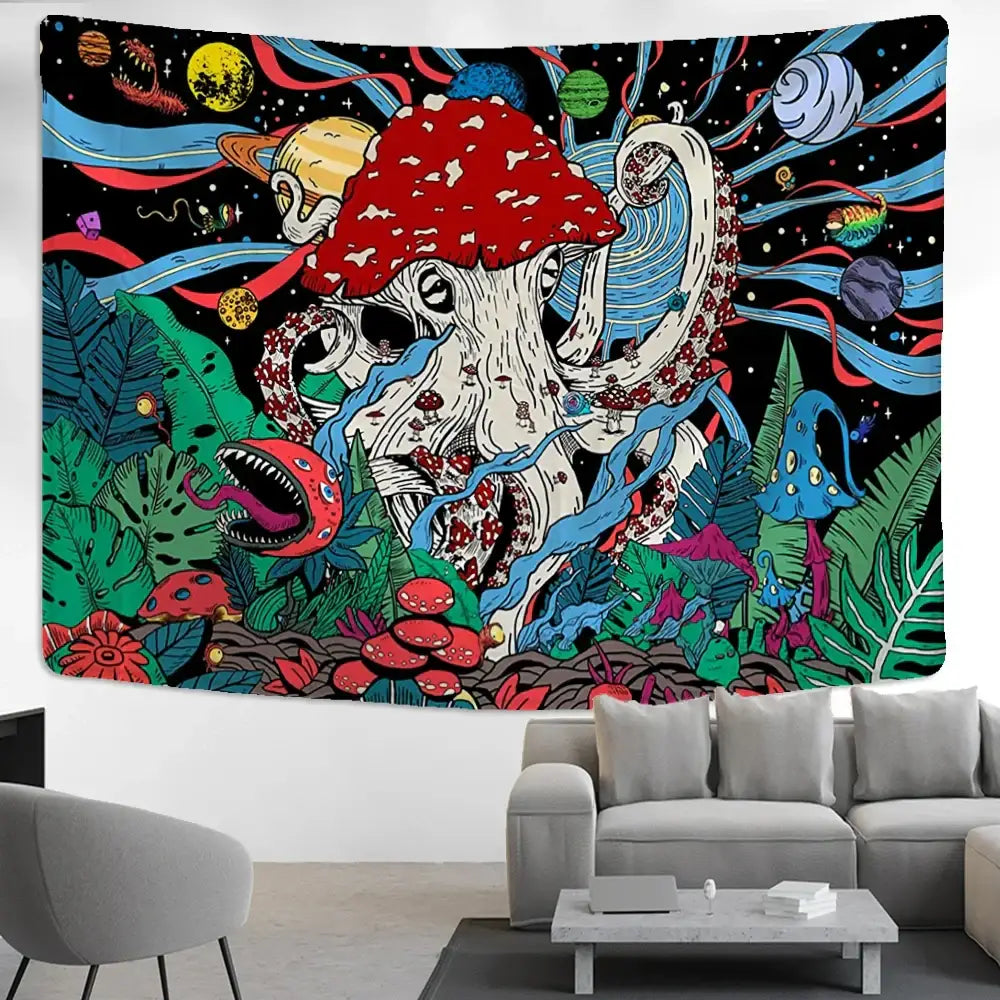 Vibrant psychedelic abstract mushroom tapestry wall hanging featuring a red-capped mushroom octopus with planets and jungle decorbites abstract mushroom