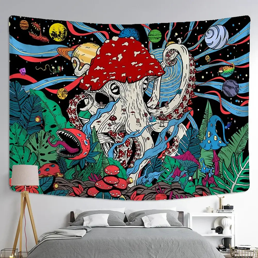 Vibrant psychedelic octopus abstract mushroom tapestry wall hanging with colorful mushrooms on black background for decorbites abstract mushroom decor