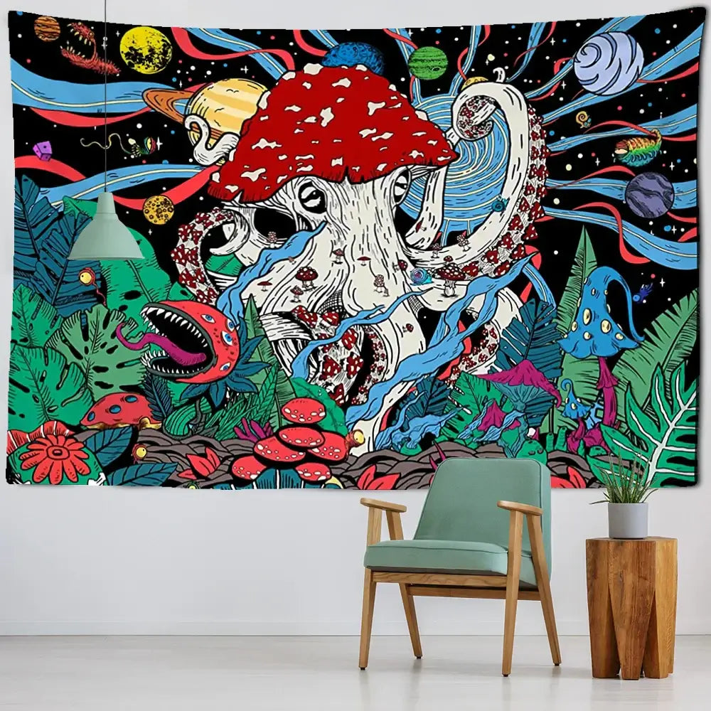 Vibrant psychedelic abstract mushroom tapestry wall hanging featuring a red-spotted octopus mushroom and colorful planets