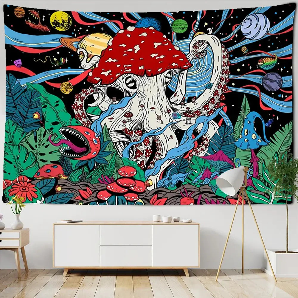 Psychedelic octopus abstract mushroom tapestry wall hanging decor featuring a red-spotted mushroom with planets on black background