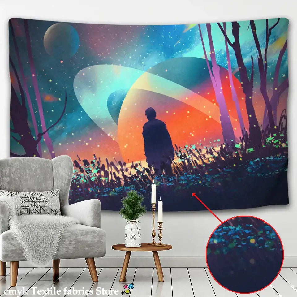 Psychedelic purple and blue galaxy tapestry with silhouetted trees and glowing planets for decorbites galaxy tapestry decor