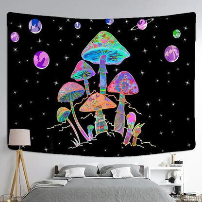 Psychedelic rainbow cartoon planet mushroom tapestry featuring glowing rainbow mushrooms and planets on black background
