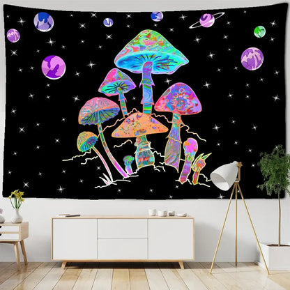 Psychedelic rainbow cartoon planet mushroom tapestry with glowing rainbow mushrooms and floating planets for bedroom wall art