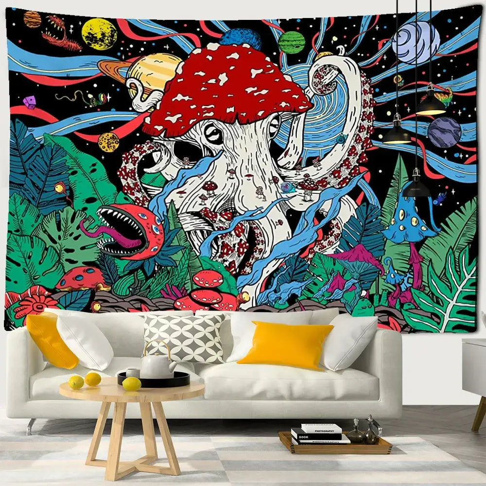 Psychedelic rainbow cartoon planet mushroom tapestry featuring a giant red mushroom with an octopus face and colorful planets