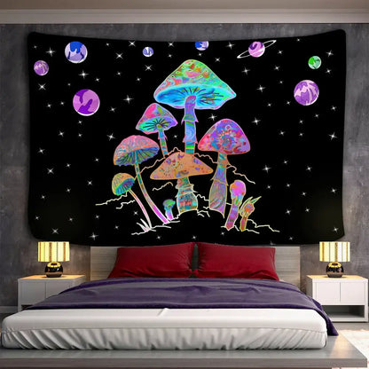 Vibrant psychedelic rainbow cartoon planet mushroom tapestry with iridescent hues and cosmic elements for bedroom wall art
