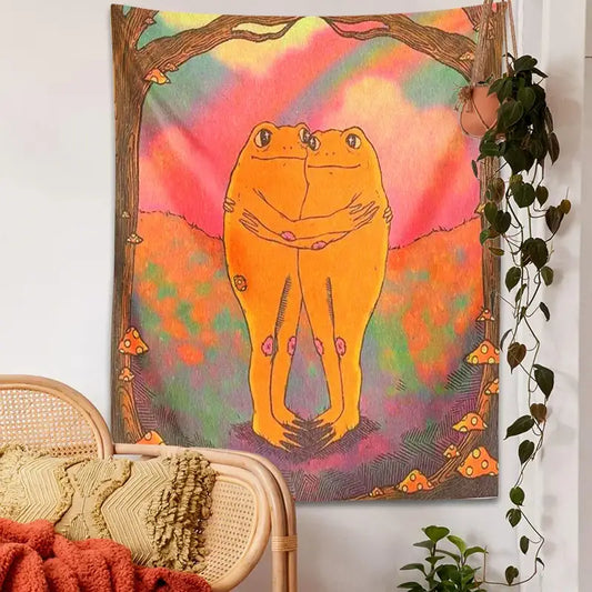 Vibrant psychedelic frog mandala tapestry with orange frogs under rainbow sky for decorbites cottagecore frog decorbites cottagecore frog decor