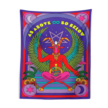 Psychedelic red baphomet tarot witchcraft tapestry with winged goat figure, green ferns, and colorful flowers on purple background