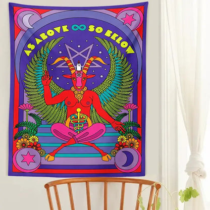 Psychedelic red baphomet tarot witchcraft tapestry with goat-headed figure and green ferns for wall bedroom decor