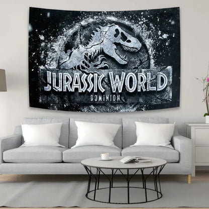 Black and white jurassic world dominion dinosaur tapestry wall hanging with cracked skull logo for decorbites dinosaur tapestry