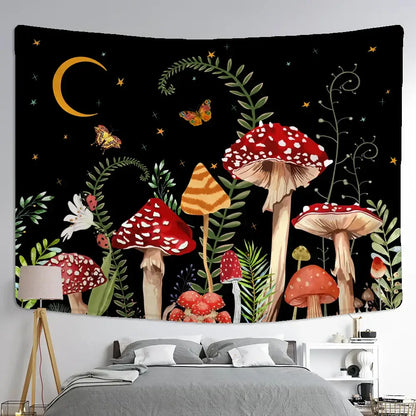 A black butterfly mushroom tapestry with red and orange mushrooms green foliage and butterflies for bedroom decor