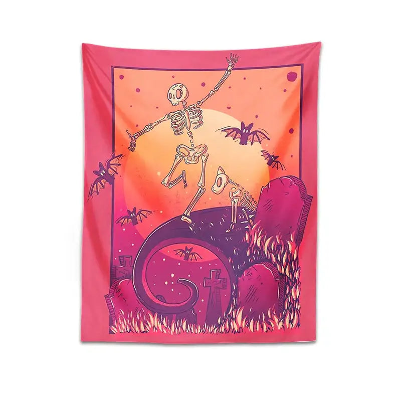 A vibrant pink and orange skeleton psychedelic tapestry featuring a dancing skeleton on a tombstone at sunset decorbites