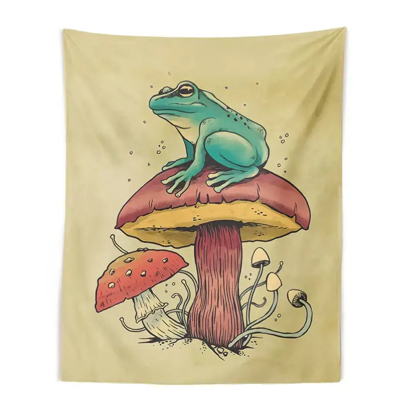 Beige decorbites frog mushroom tapestry with teal frog on red mushroom for psychedelic bedroom wall hanging decor