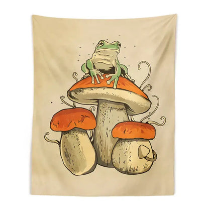 Beige decorbites frog mushroom tapestry with green frog on orange mushrooms featuring psychedelic swirling details for wall decor