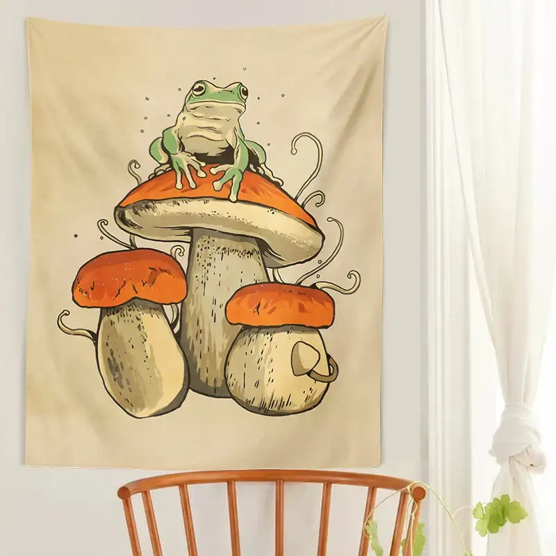 Beige tapestry featuring a whimsical green frog on orange mushroom psychedelic linework for decorbites frog mushroom wall hanging