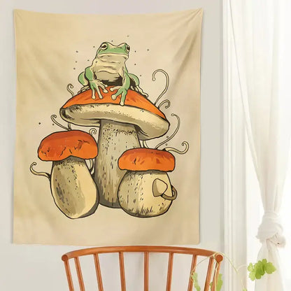 Beige tapestry featuring a whimsical green frog on orange mushroom psychedelic linework for decorbites frog mushroom wall hanging