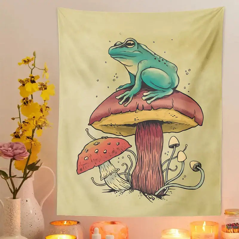 Psychedelic teal frog mushroom tapestry bedroom wall hanging featuring a teal frog on red cap mushroom on yellow fabric decorbites frog mushroom design