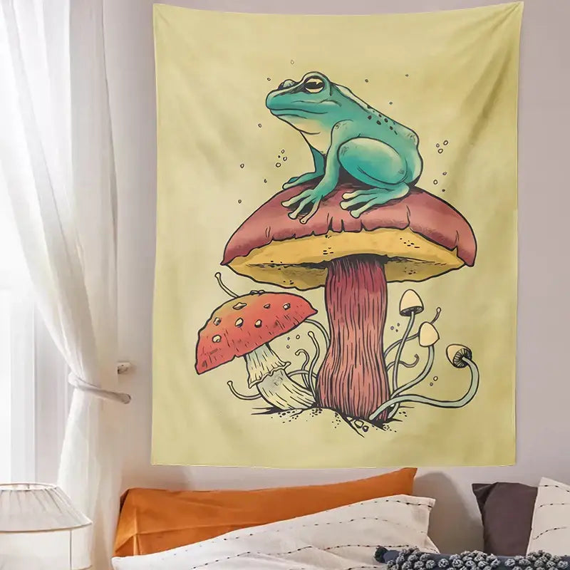 A vibrant psychedelic teal frog mushroom tapestry featuring a frog on red and yellow mushrooms for bedroom decorbites wall hanging