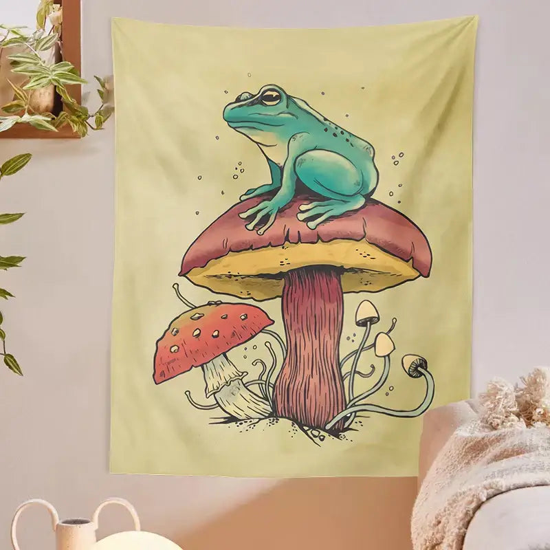 Psychedelic teal frog mushroom tapestry featuring a vibrant frog mushroom psychedelic design for bedroom wall hanging decorbites frog mushroom