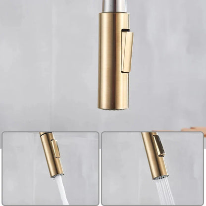 Gold-toned single hole pull down kitchen mixer tap with 360 rotation and brushed metal finish for hot water use