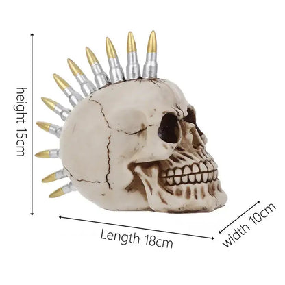 Off-white resin skull head figurine with a silver and gold-tipped bullet skull head mohawk for living room decor