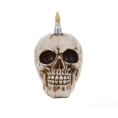 Punk beige resin skull head statue featuring a white resin skull with a gold-tipped skull head bullet mohawk for living room decor