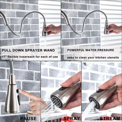 Stainless steel black single hole pull-down kitchen faucet with flexible hose 360° rotating and multiple spray settings