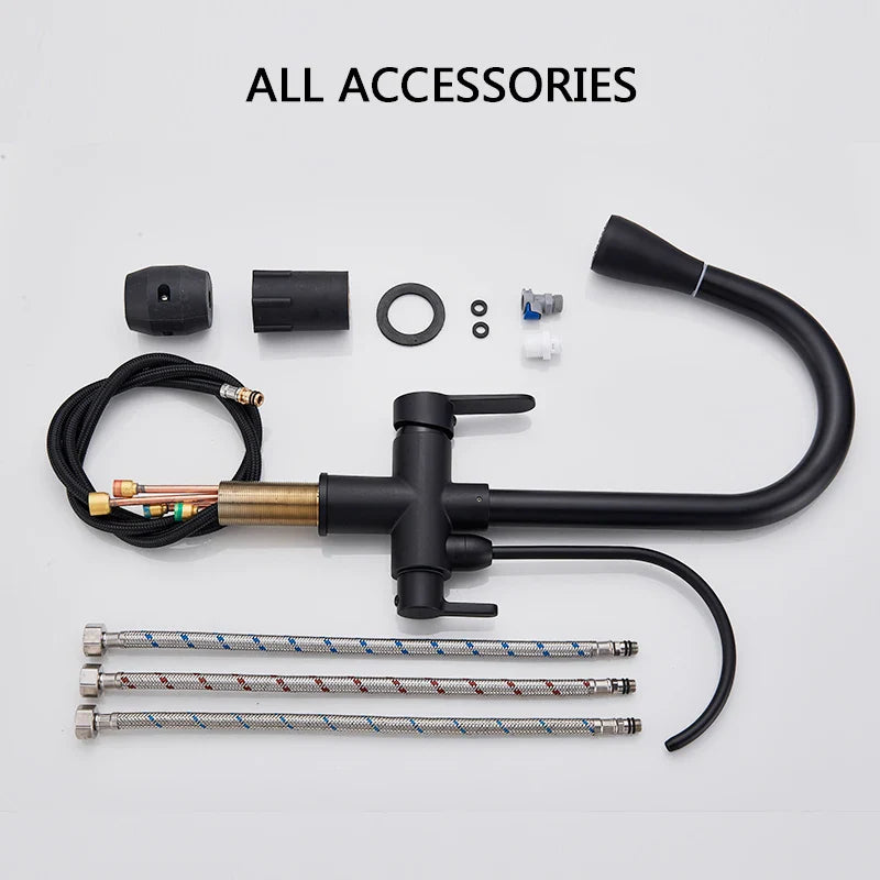 Black matte finish purification water kitchen faucet with brass accents stainless steel single hole dual handles and curved spout
