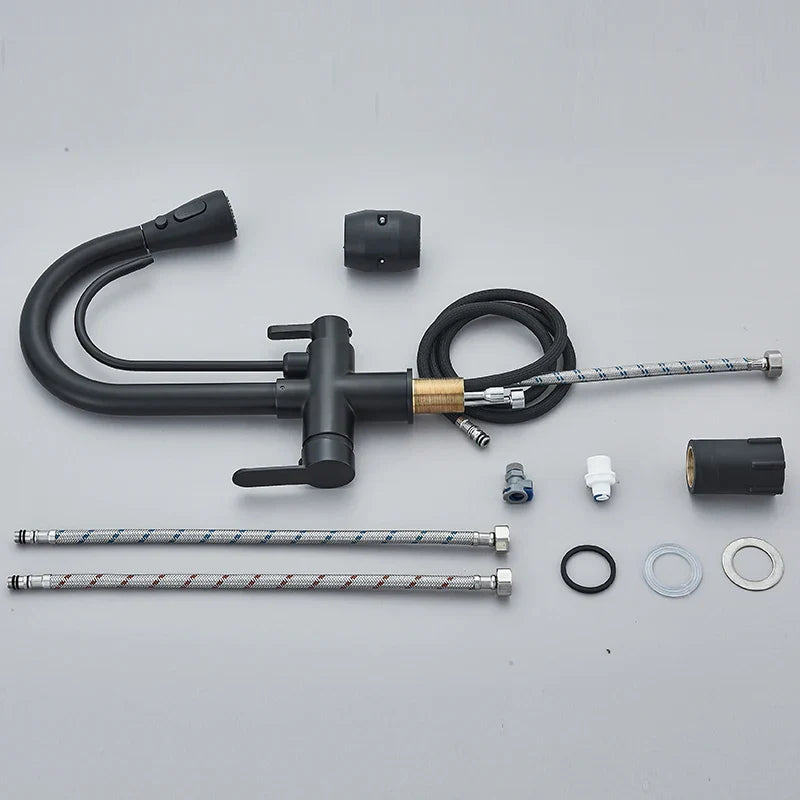 Black matte finish purification water kitchen faucet with flexible spray head brass accents stainless steel single hole design