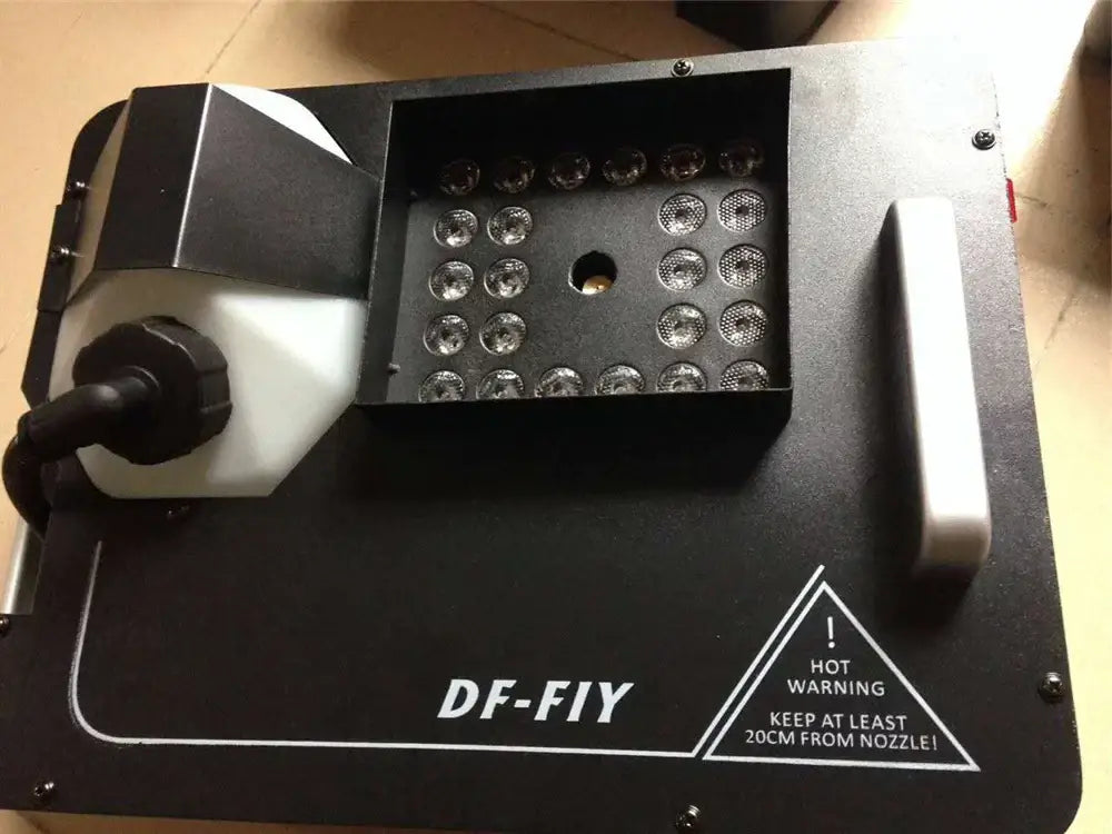 Black df-fiy 1500w rgb triple led fog machine with white fluid reservoir and circular led lights for party room effects