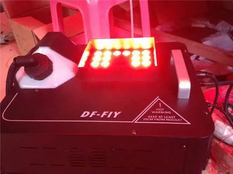Black df-fiy fog machine with 1500w rgb triple led, illuminated red display, and white control panel for party rooms