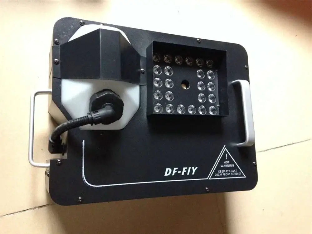 Black df-fly 1500w rgb triple led fog machine with white reservoir metal handle and led light panel for party room effects