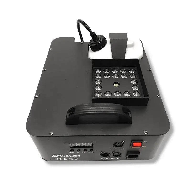 Black led 1500w rgb triple fog machine rear panel with 24 circular lights power switch and control ports for party room effects