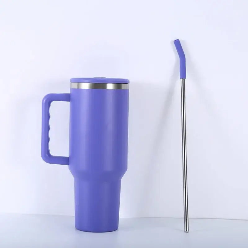 Purple and teal stainless steel sippy cup travel mug with silver rim handle and matching purple silicone steel straw