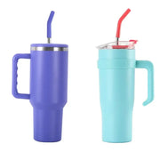 Purple and teal stainless steel sippy cup travel mugs with handles, straw lids, and metallic accents for kitchen use
