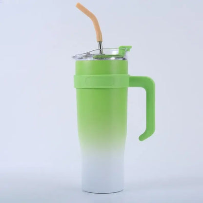 Vibrant lime green to white gradient insulated stainless steel sippy cup with matching handle and orange straw lid