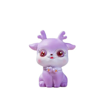 Lavender cartoon sika deer resin figurine with oversized eyes and tiny antlers for bedroom decor