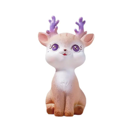Cute beige and white sika deer resin ornament with purple antlers and sparkling eyes for bedroom decor