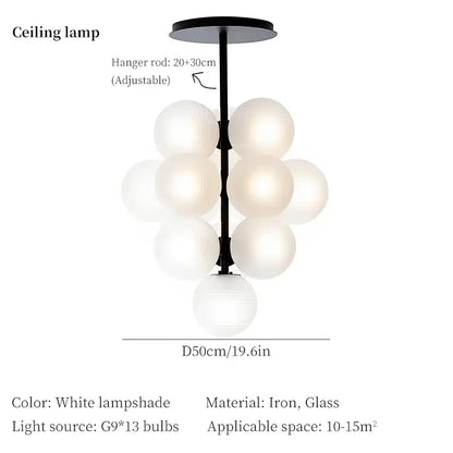 Modern living room light with black iron frame and frosted glass spheres in the decorbites grape chandelier design