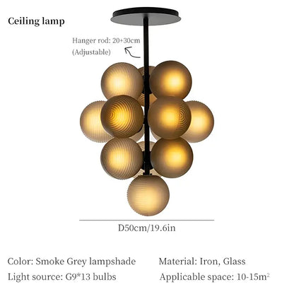 Modern living room light decorbites grape chandelier with black iron frame and amber glass spheres cluster design