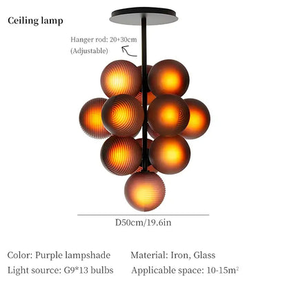 A modern decorbites grape chandelier featuring amber glass spheres with concentric ridges on black iron rods