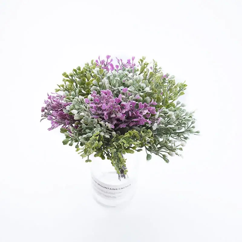A decorbites artificial flower vase with soft purple blooms and frosted green foliage for living room decor
