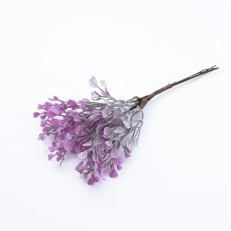 A decorbites artificial flower vase with a delicate purple and green artificial flower wreath featuring frosted silver leaves
