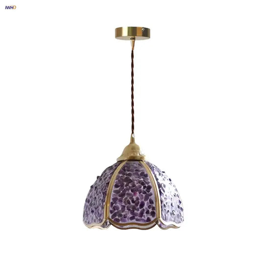 Purple mosaic crystal glass led pendant light with brass accents and twisted cord for living room decorbites pendant light