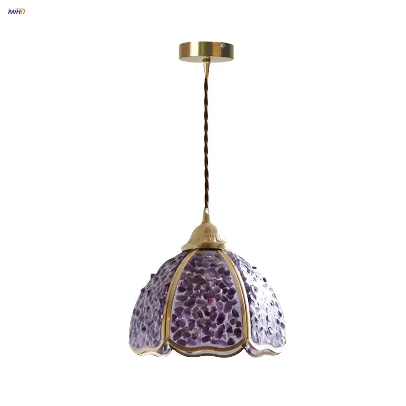 Purple mosaic crystal glass led pendant light with brass accents and twisted cord for living room decorbites pendant light