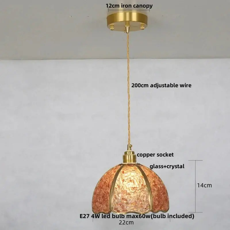 Amber-hued crystal glass led pendant light with textured shade and brass wire from decorbites for living room decor