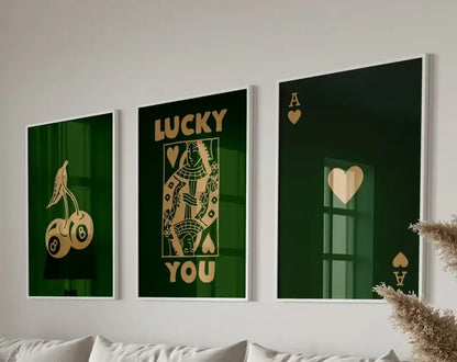 Three framed green and gold playing card-themed hearts canvas wall art pieces from DecorBites™ trendy retro wall set
