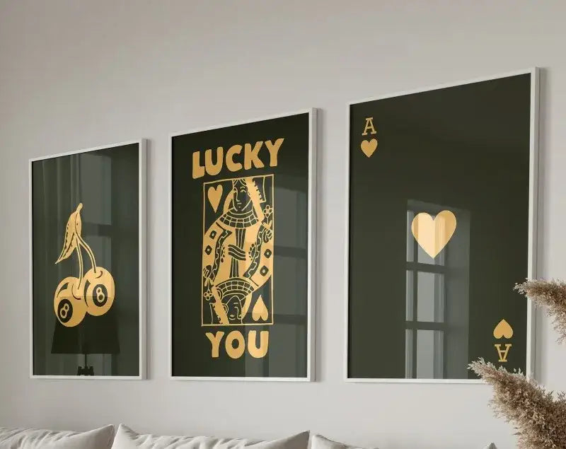 DecorBites™ 3-piece retro queen of hearts wall art set features black and gold playing card themed hearts wall art