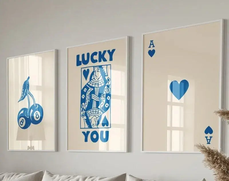 DecorBites™ 3-piece retro queen of hearts wall art set featuring blue playing card designs on cream background wall art