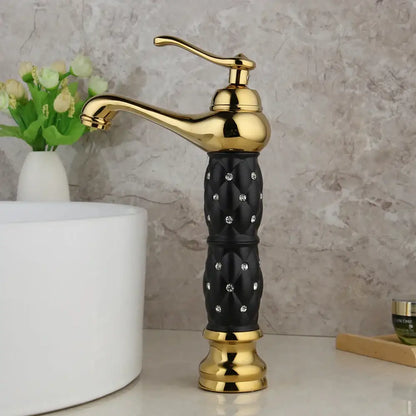 Decorbites golden plated quilted diamond decorbites golden plated bathroom basin faucet with black and gold rhinestone accents